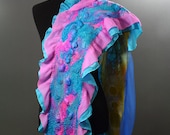Nuno Felted Scarf chunky texture OOAK handpainted silk wool scarf pink blue
