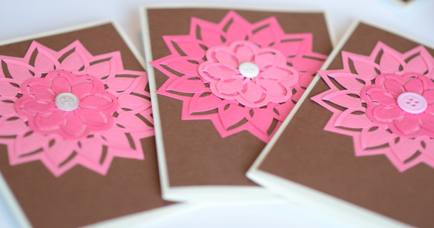 Pink and Brown Greeting Card Set, Handmade Set of 6 Blank Cards, Feminine Female, Flower Design Cards