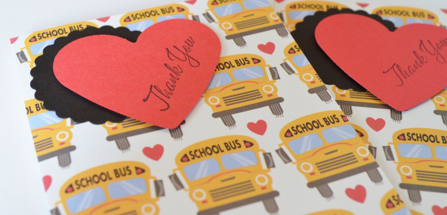 Thank You Teacher Cards, Card Set, School Bus, Yellow Red White Handmade Card Set, Elementary School, Public School, Primary Age Children