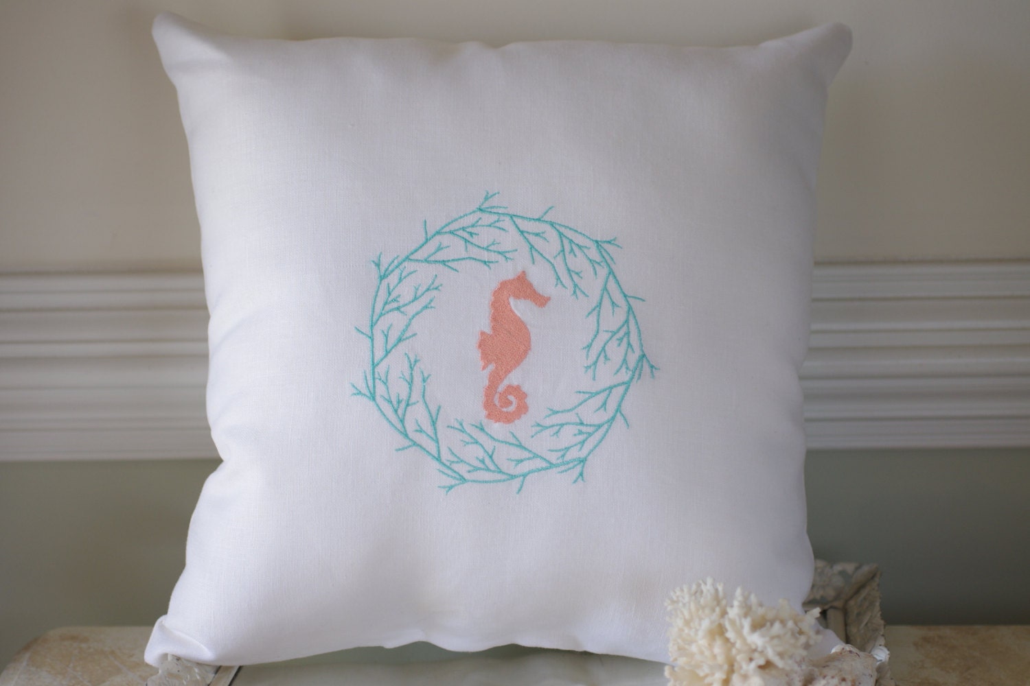 Beach Decor White Linen Sea Horse and Coral Embroidered 16x16 Pillow