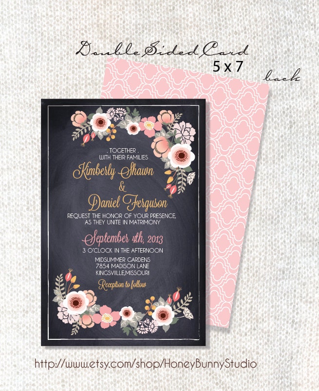 Chalkboard and Country florals . Wedding Invitation. Personalized.5 X 7 Cards. HoneyBunny Studio.