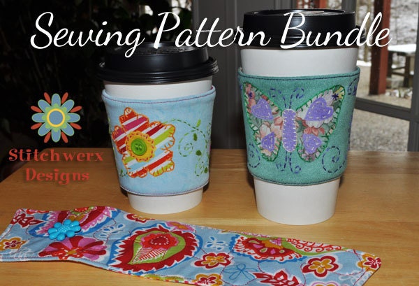 Coffee Cup Cozy Sleeve Sewing Pattern Bundle - Set of 2 Applique & Embroidery Designs
