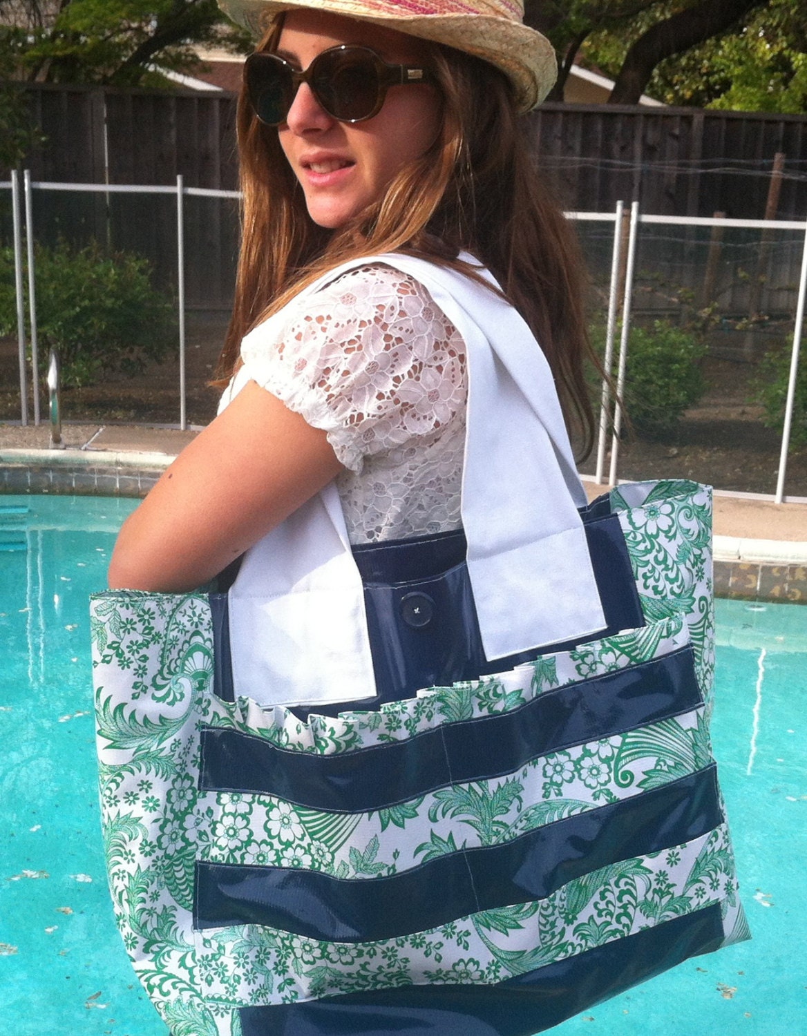 Grande Beach Bag Green and Navy Blue