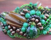 Green Dragonfly Wire Crochet / Bead Embroidered Bracelet