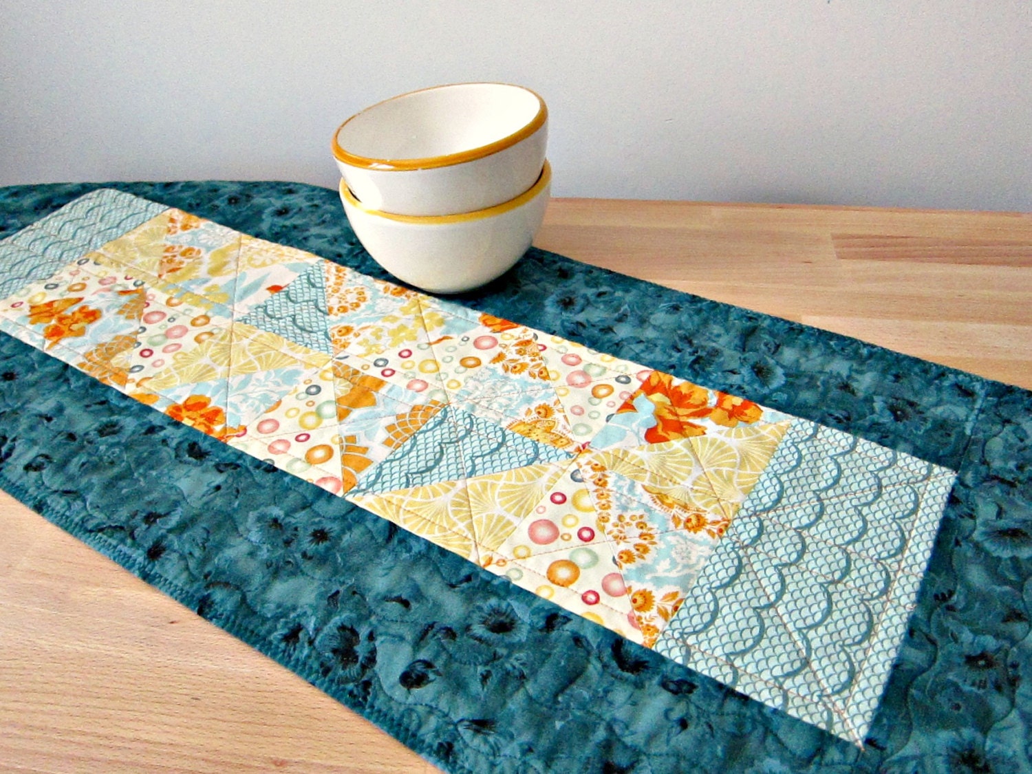 Quilted Table Runner Modern Teal Blue Green