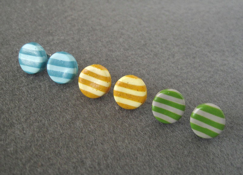 Stripe Colour Blues, Yellows and Green with Grey Triple Set Studs - Basics Batch