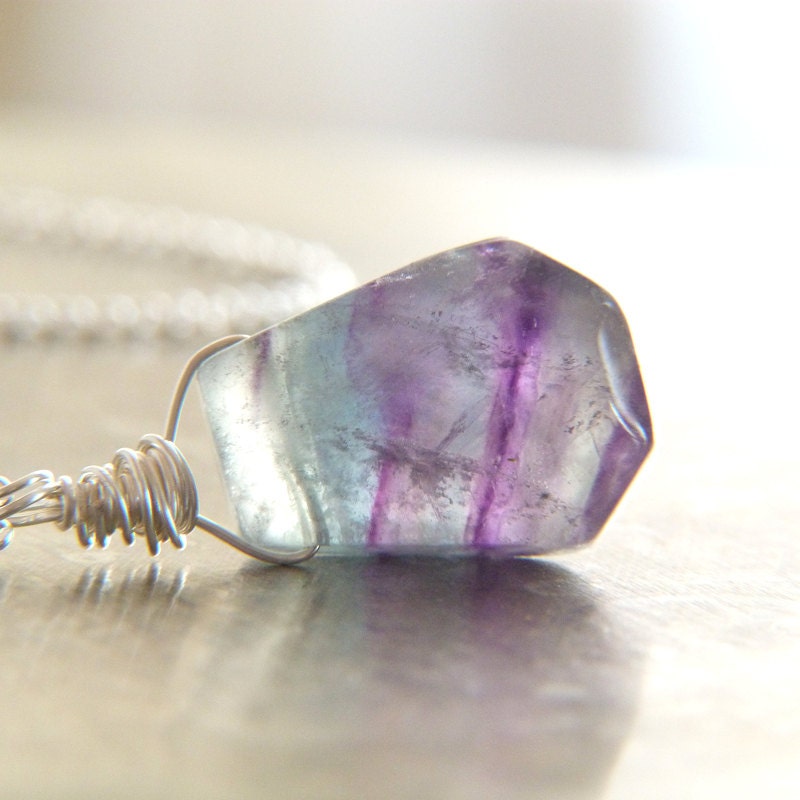 Large Blue Purple Rainbow Fluorite Wire Wrapped Pendant Necklace - Lightborn