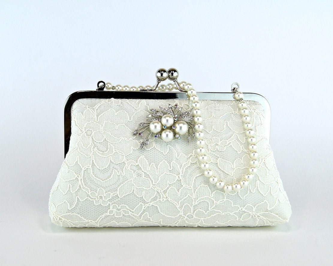 EllenVintage Silk Lace Clutch with Brooch, Bridal clutch, Wedding purse, Wedding clutch
