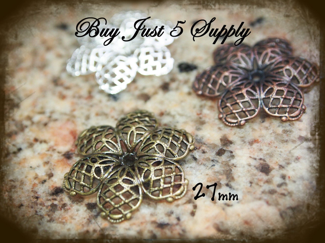 Filigree Flower - 27mm -  5 for You - Silver - Antique Bronze - Copper - Jewelry, Metal Riveting, Scrapbooking....