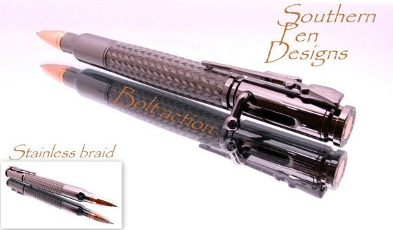 Handcrafted, gunmetal  plated, 30 cal bullet pen with stainless steel braid. Bolt action ink advance. Very cool.