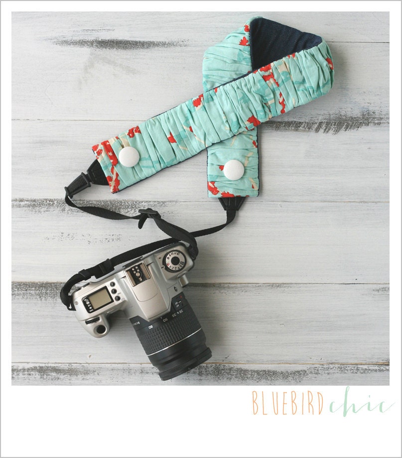 ruched camera strap cover - lakeside in the rain