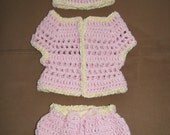 Girl's baby set - hat, sweater, pants - rose pink/cream