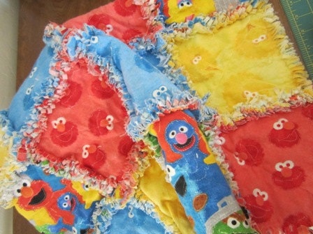 Sesame Street.......Elmo..Big Bird ..Cookie Monster....A Travel Size Flannel Rag Quilt