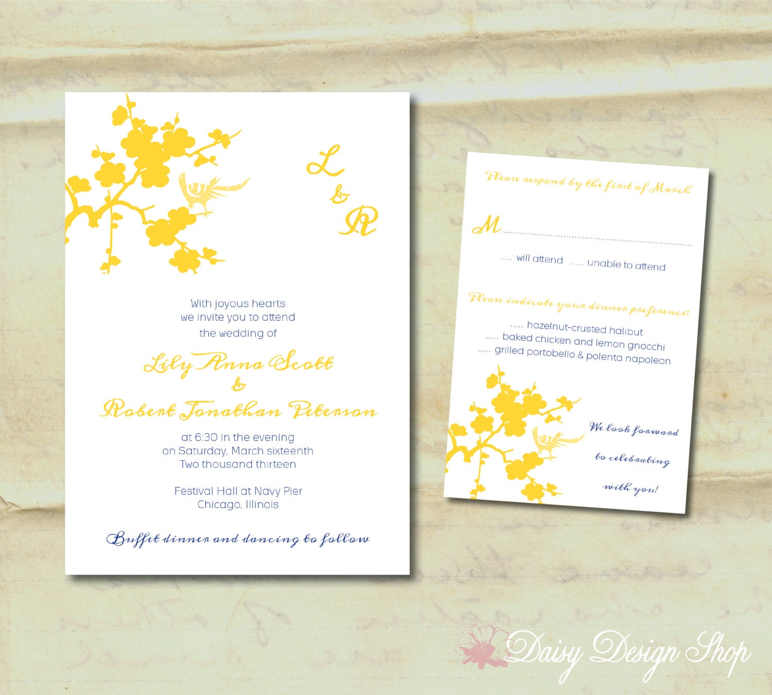 Wedding Invitation - Bird in Tree in Customizable Colors - Invitation and RSVP Card with Envelopes