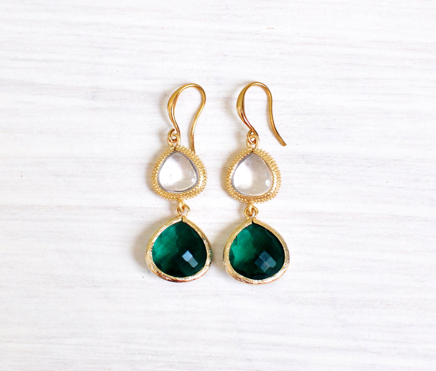 Light Drops Gold Plated Earrings - Forest Green Crystal and Clear Quartz, Bridesmaid, Wedding Jewelry