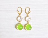 Light Drops Gold Plated Earrings - Matte finish Clear crystal and Light Jade Green, Bridesmaid, Wedding Jewelry