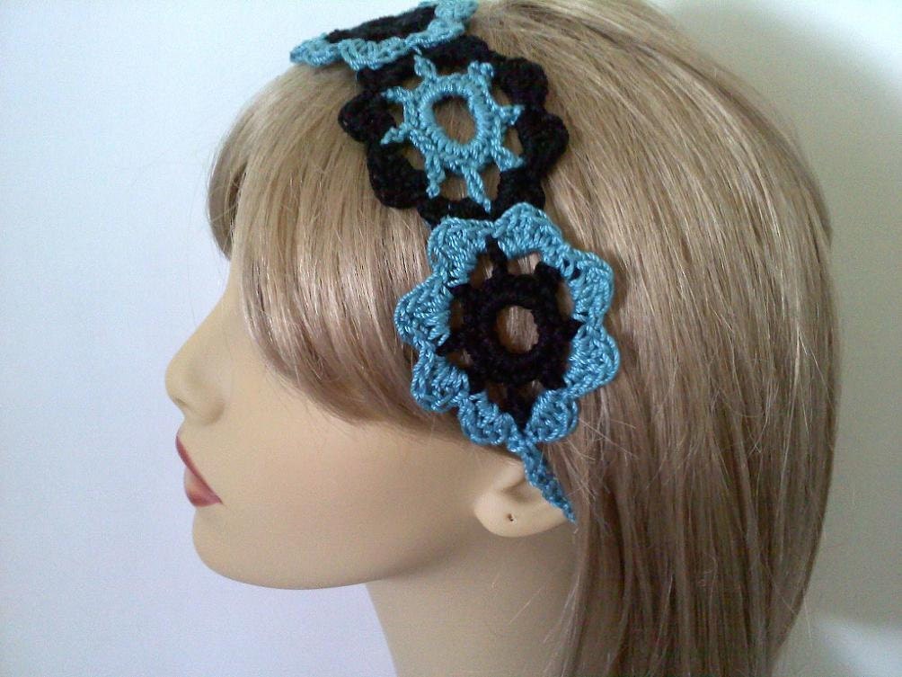 Teal and Black Flower Headband, Summer Womens Hair Accessories, Crochet