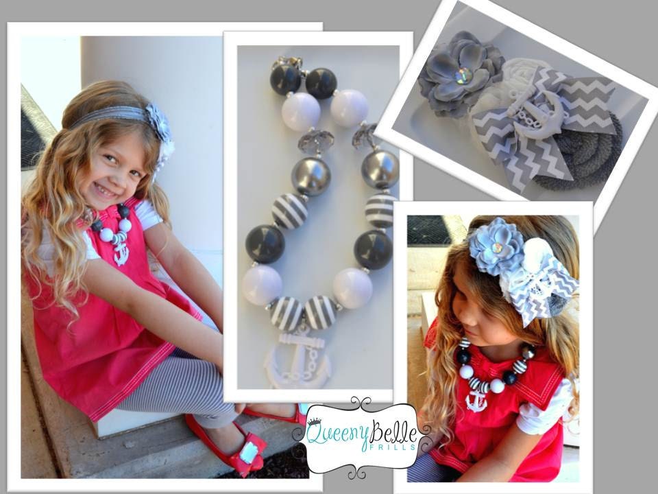 Grey Waters Girls Chunky beaded Necklace Grey, White. Nautical