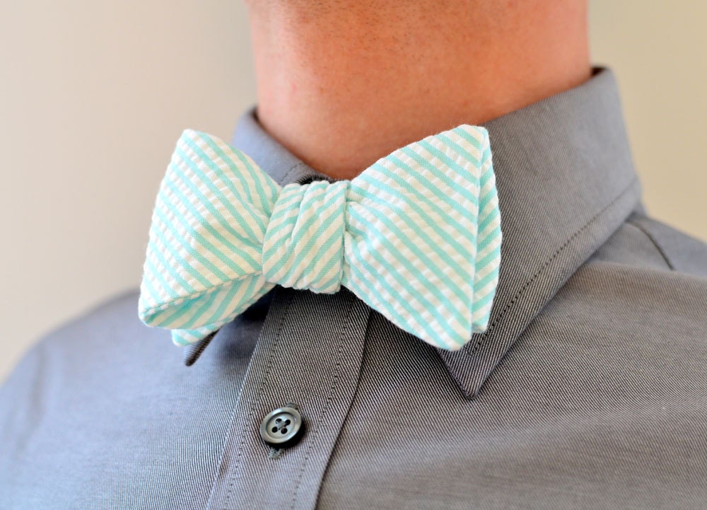 Men's Bow Tie in Mint Seersucker- mens mint green freestyle wedding groomsmen bowtie neck self tie striped