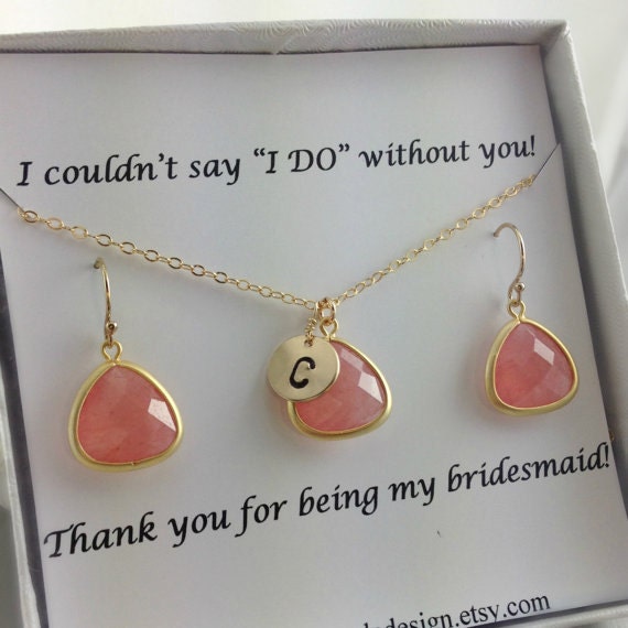 Set of 4 , Coral Bridesmaids Jewelry, Necklace-Earrings Set, Monogram necklace, Initial, Peach, Pink , Bridesmaid Gift, Framed Stone, Gold