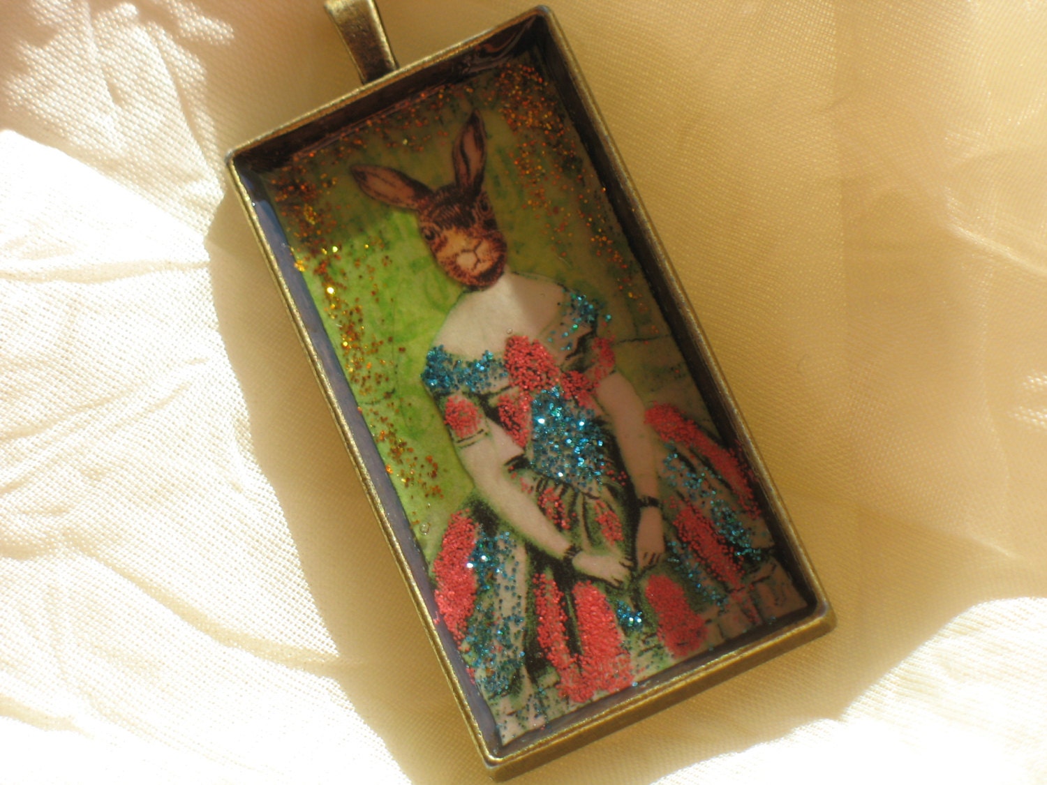 Queen Bunny Rabbit OOAK hand cut paper collage Easter pendant