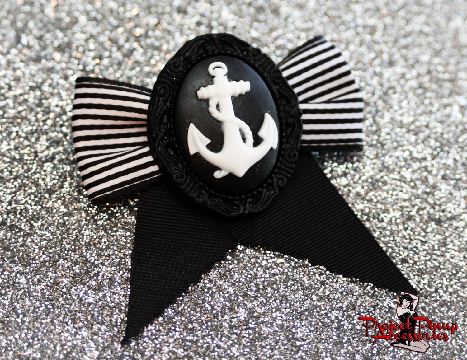 Black & White Striped Anchor Hair Bow Clip