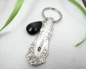 Monogram Keychain - Repurposed Vintage Silverware, Personalized, Black Onyx Charm, Bridesmaids Gifts