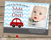 CAR Birthday Invitation Red car with cute chevron pattern. Completely Custom and Printable