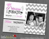 PRINCESS and PIRATE INVITATION - Twins or Dual Boy Girl Birthday Party - Chevron  - Photograph Photo - Pink Grey Black