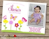 BUTTERFLY BIRTHDAY INVITATION Printable with photo, Insects and flowers in purple pinks and yellows