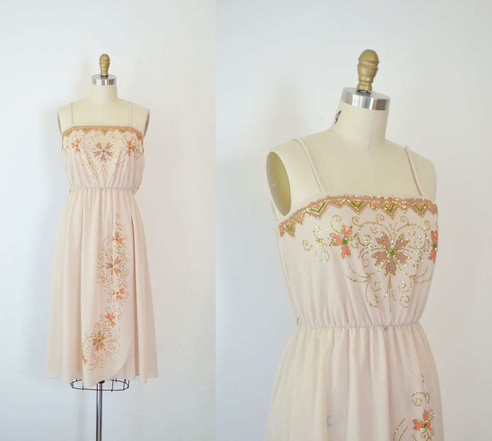 1970s Disco Dress / 70s Sundress Gold Glitter