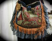Bohemian Gypsy Purse, handmade velvet chenille tapestry shoulder bag, ruffled lace beaded charms embellished