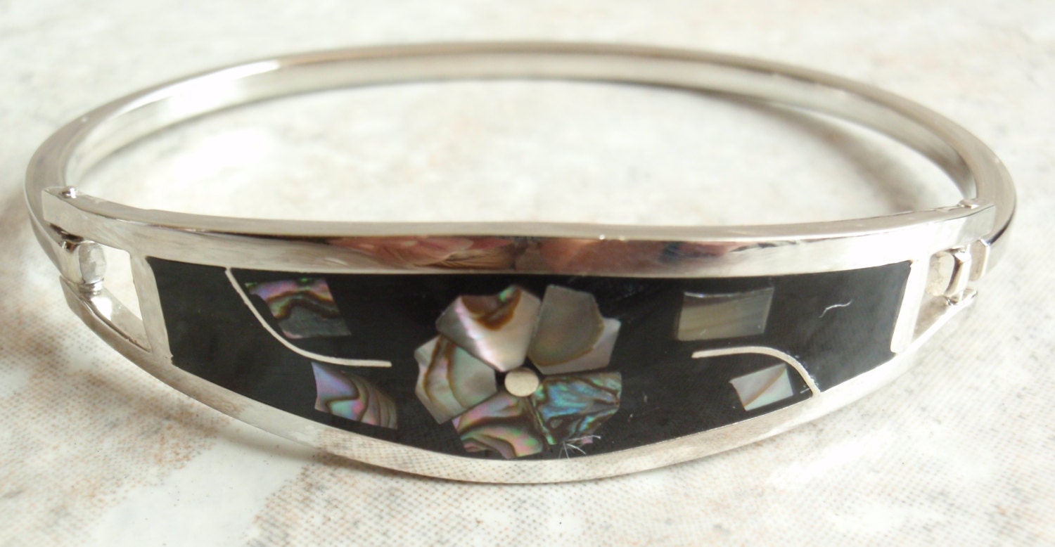 Silver Inlaid Abalone Taxco Mexico Hinged Bangle Bracelet Vintage Estate