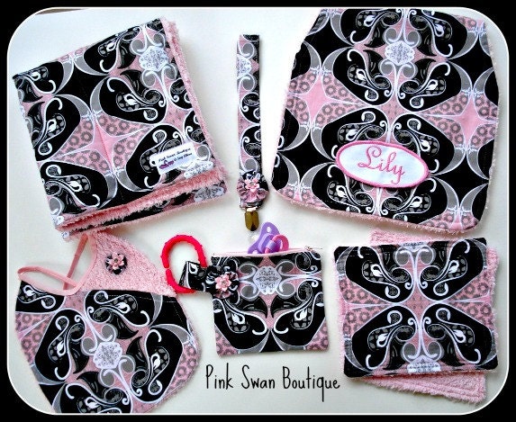 Personalized Baby Girl Gift Set-Quilted Changing Pad-Burp Pad-Bib-Pacifier Clip-Pacifier Bag-Wipes-OOAK