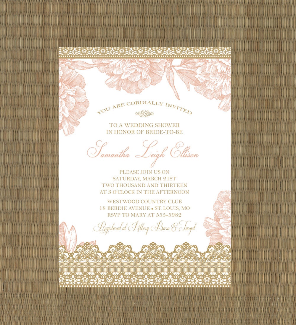 Printable Wedding Shower Invitation - Bridal Shower Invitation - Lace and Floral - Romantic Gold and Blush Pink