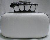 White Leather Winged Skull frame with Clear rhinestone eyes and Deep Magenta Silk Lining