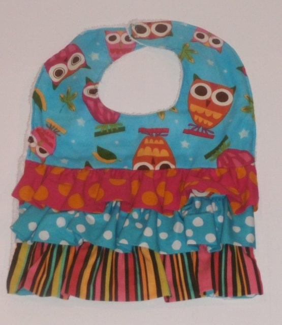 Turquoise On a Whim Owl Print Ruffle Baby or Toddler Girl Bib - Ready to Ship