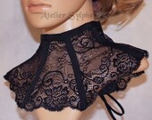 Black eyelash lace neck corset collar with delicate style ribbon back lacing and zip closure ref v
