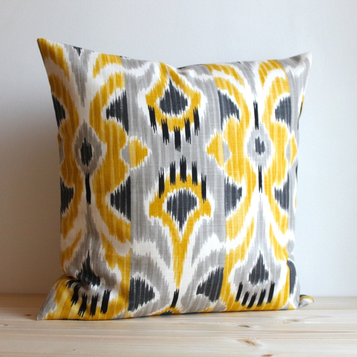Yellow and Grey Ikat Pillow Cover - 16 x 16 Ikat Cushion - Ikat Wave Sunshine