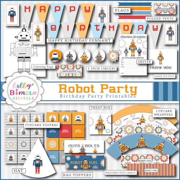 INSTANT DOWNLOAD DIY Robot Birthday Party printables with invites, cupcake toppers, wrappers,