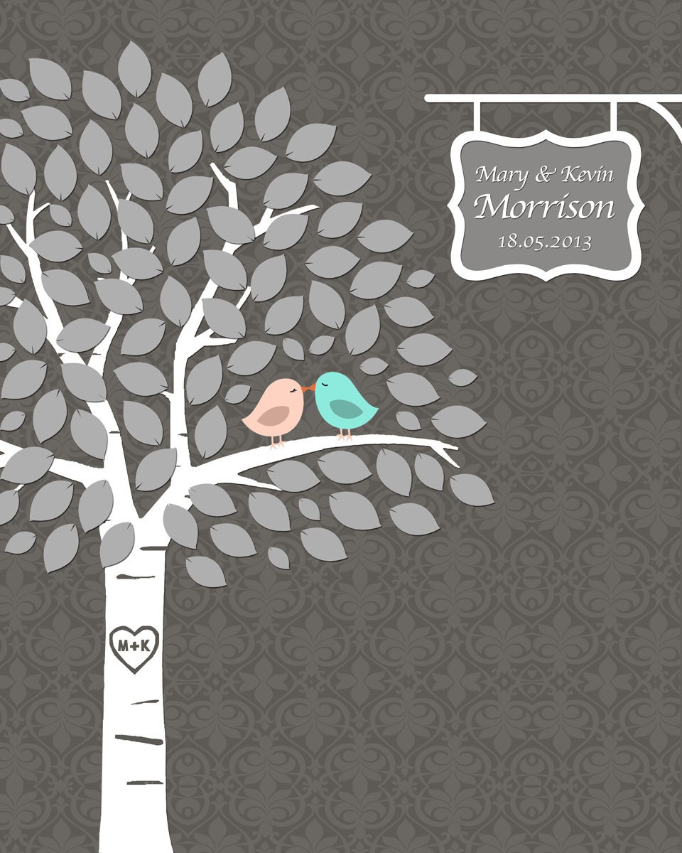 Wedding Tree Guest Book PRINT with kissing love birds 16x20 up to 75 signs or 17x22 up to 90 signs - damask background - FAST SHIPPING