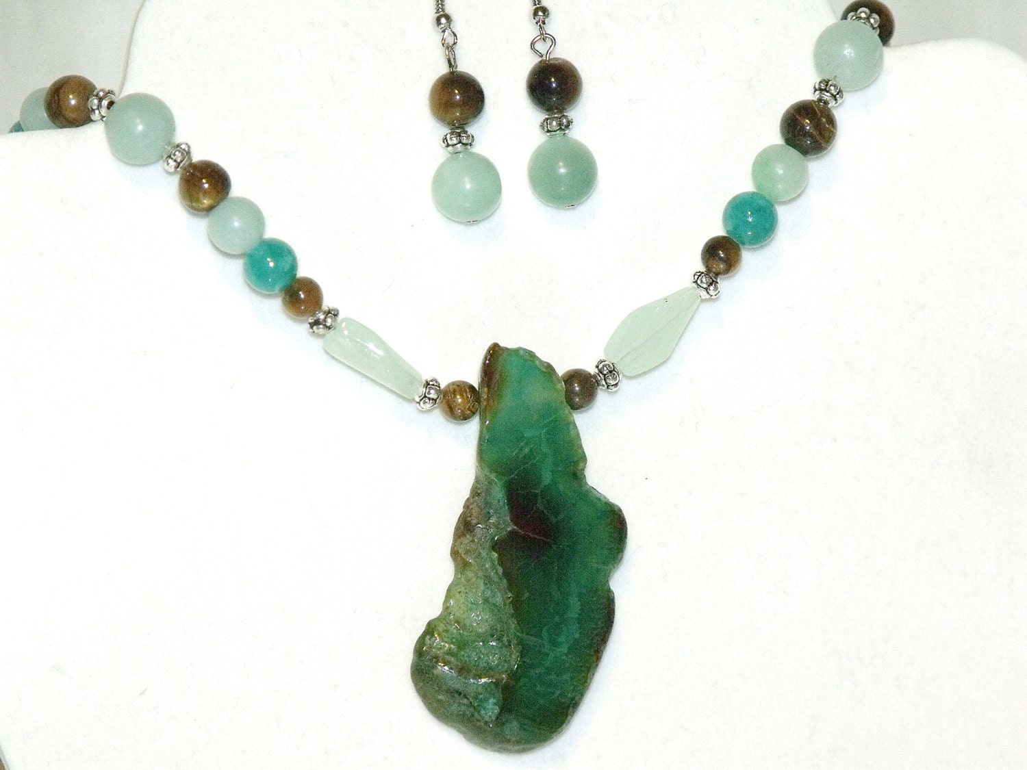 Semiprecious Stone Necklace and Earrings - amazonite, tigers eye, gemstone, seafoam, brown