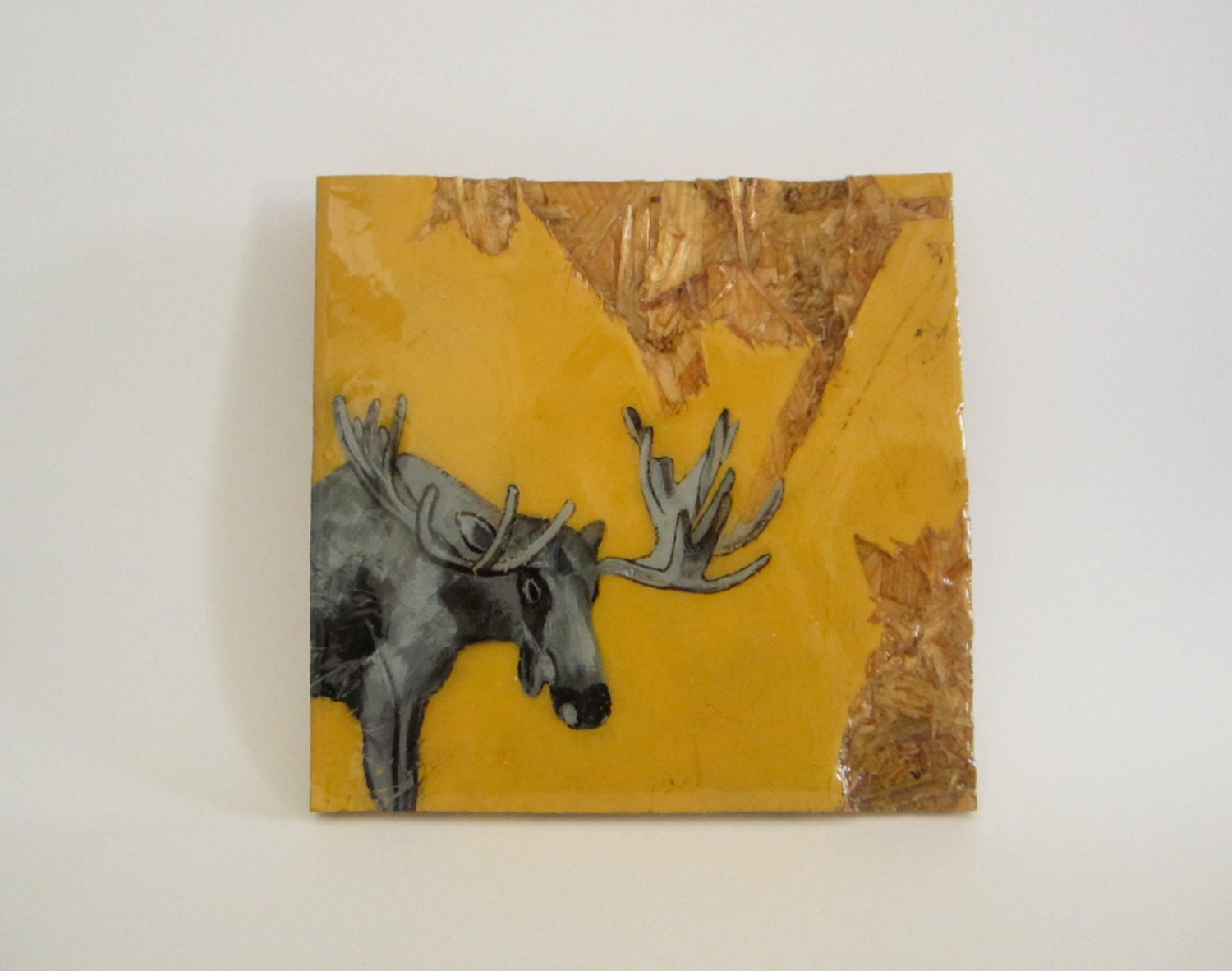 Original Painting Moose Art  8x8 painting Yellow Gray lodge cabin woods forest home decor art rustic