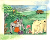 Noah's Ark mixed media drawing, print - "2 x 2"