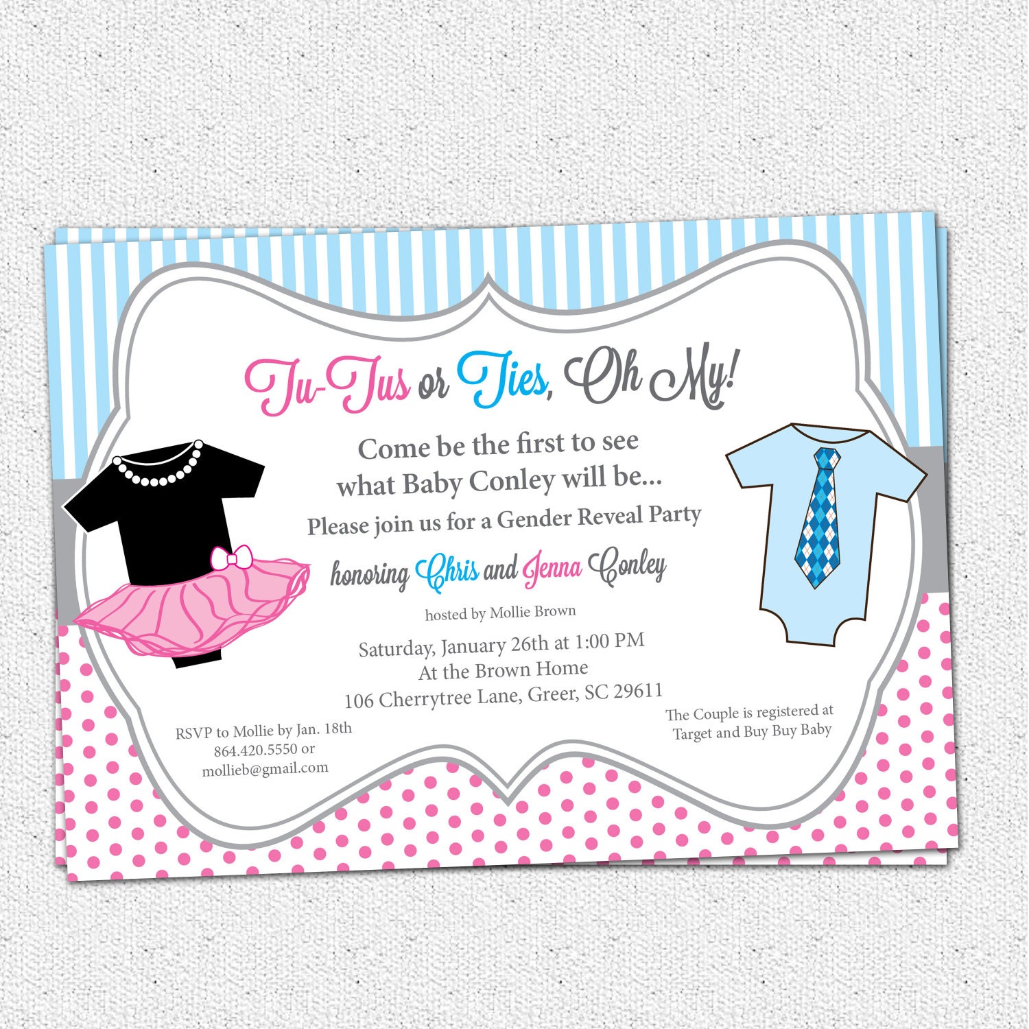 TuTus or Ties, Gender Reveal Baby Shower Party Invitation, Printable, Pink and Blue, Onesies, Neck Tie,DIY Digital File