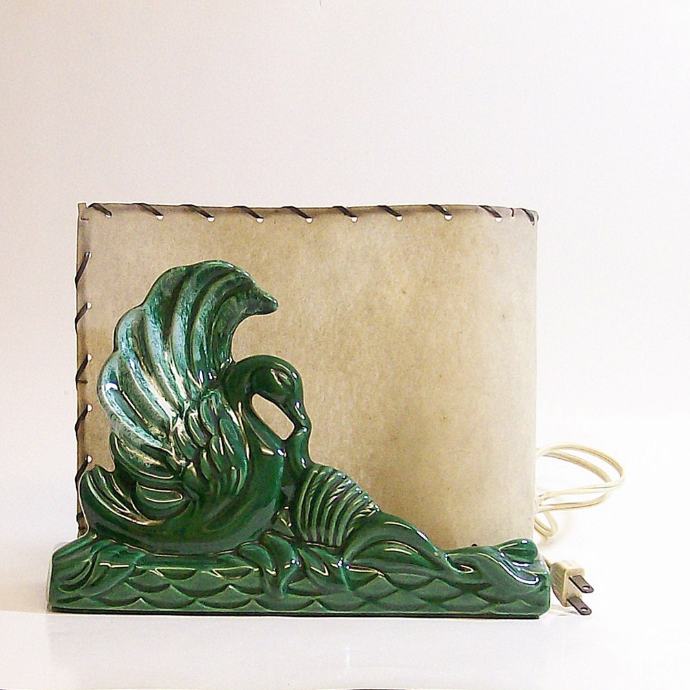 Vintage Ceramic Table Lamp / Green Swan / Fiberglass Shade