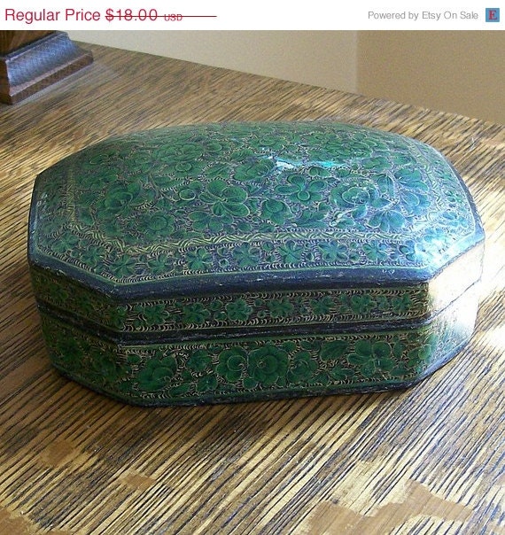 clearance Vintage Paper Mache Box Green and Gold