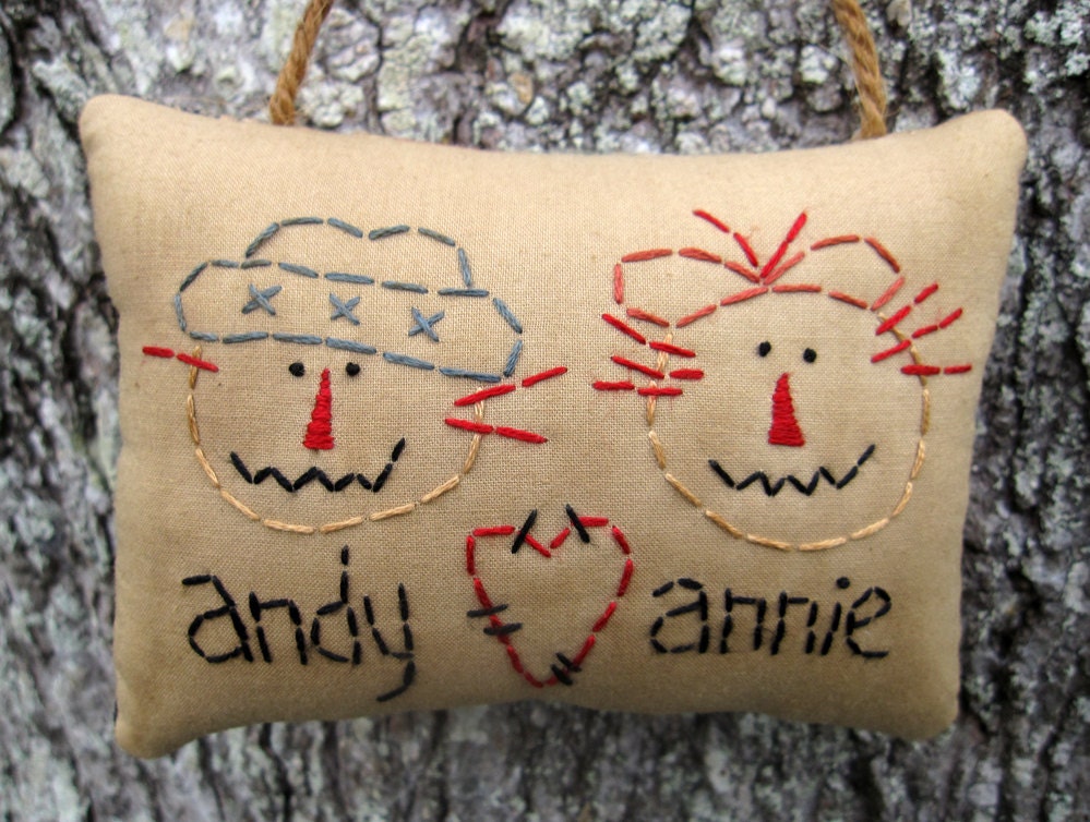 Raggedy Ann and Andy, Best Friends - Primitive Hand Embroidered Stitchery