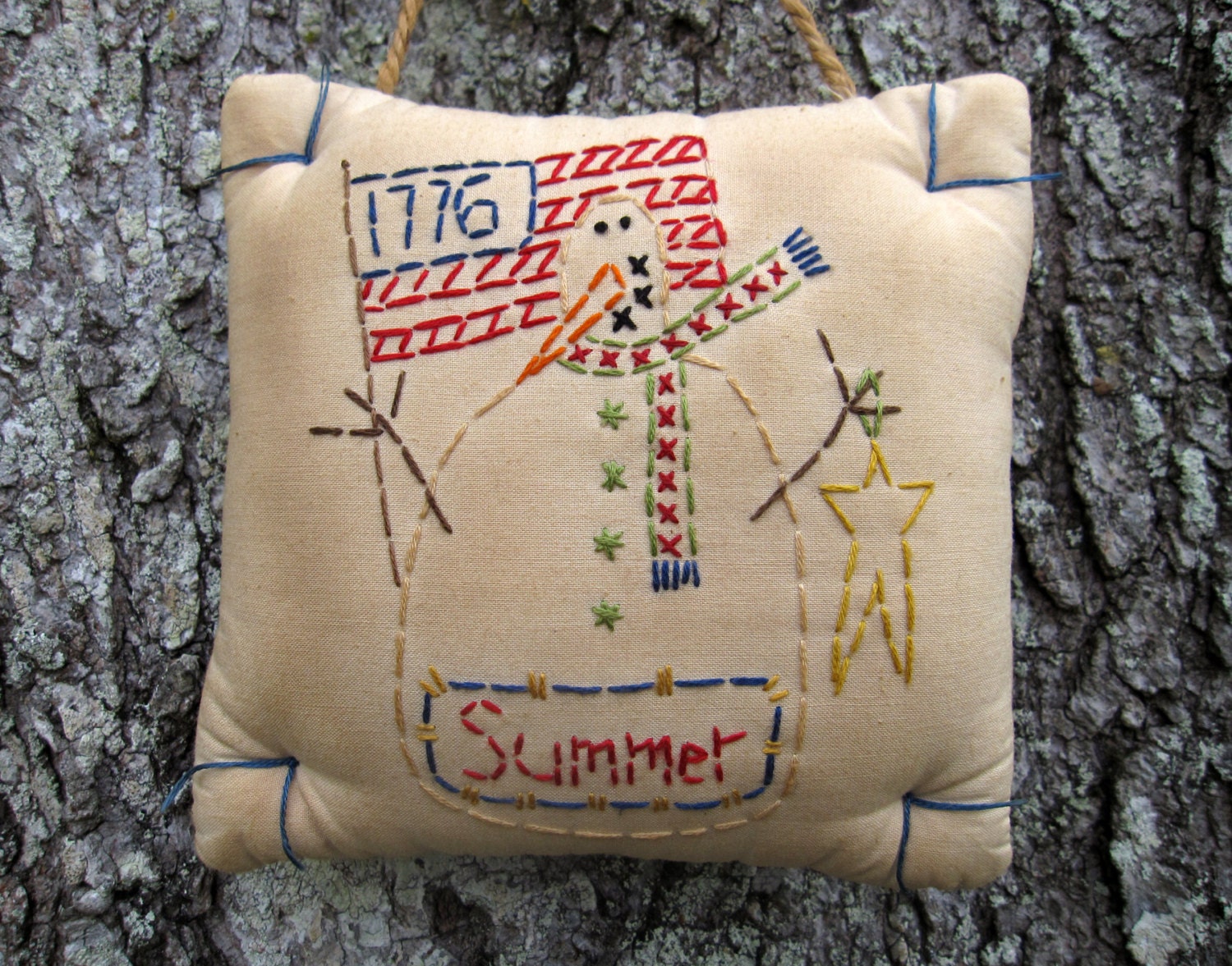 Primitive July 4 Americana Patriotic Snowman - Embroidery Stitchery Door hanger Decor