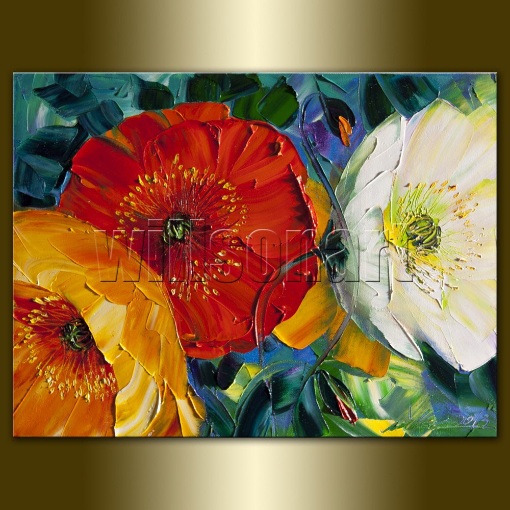 Modern Flower Canvas Oil Painting Poppy Poppies Textured Palette Knife Original  Floral Art 12X16 by Willson Lau